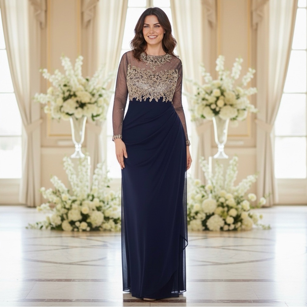 Xscape Embroidered Illusion Gown Navy Blue And Gold 20W